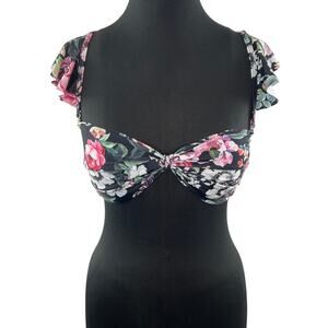 YUMI KIM Black Bra Floral Stretch Ruffle Sleeve Square Neck Size X-Small XS NEW